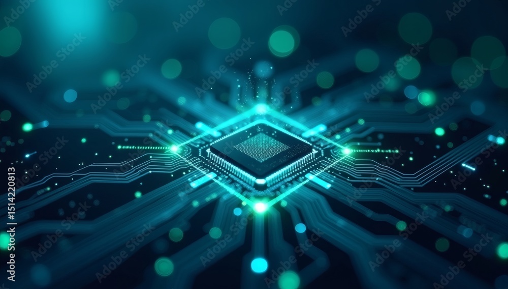 custom made wallpaper toronto digitalA futuristic microprocessor chip surrounded by glowing blue data lines and dots, symbolizing advanced technology and digital connections