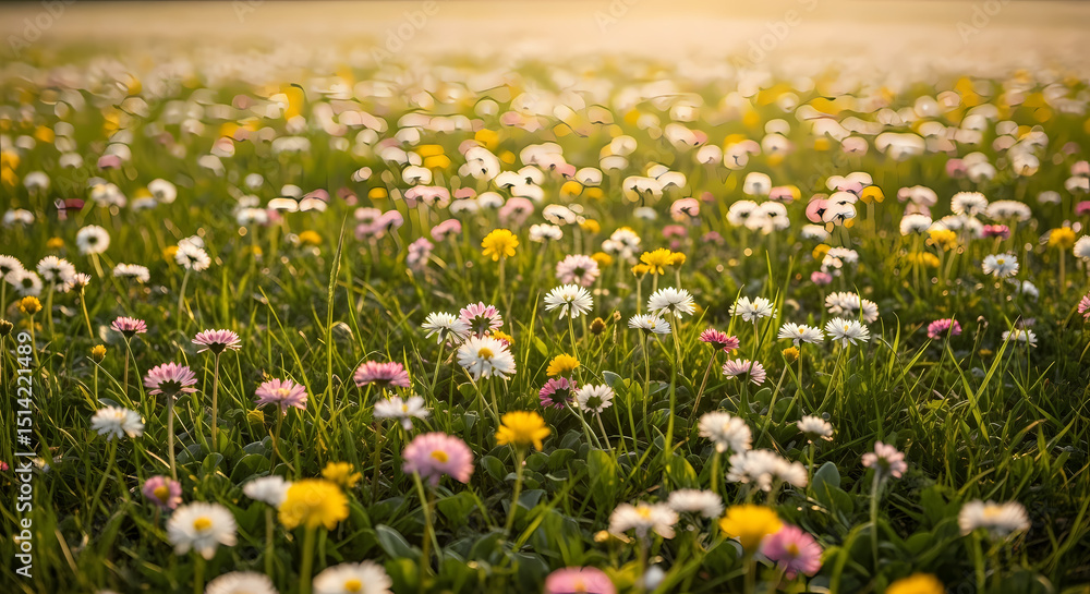 Obraz premium Vibrant Wildflower Meadow at Sunrise: A Stunning Springtime Scene