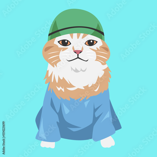 Cute Muslim Cat in Traditional Islamic Clothing, Muslim Cap and Thobe, Muslim Robe. Cartoon Vector Illustration.