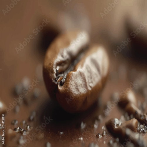 A close-up shot reveals a single, glistening coffee bean, prominently featured against a blurred backdrop of more beans and a surface speckled with small, light-colored particles, possibly salt or