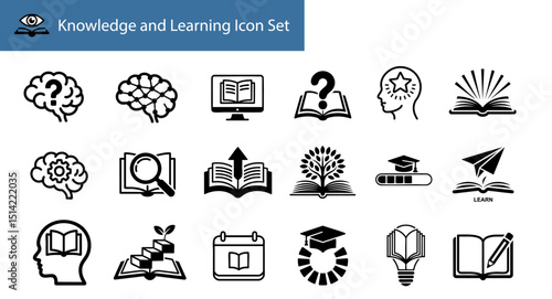Vector icon set of knowledge and learning concepts including brain, book, graduation cap, idea, progress, and education, isolated on white background for academic and training use