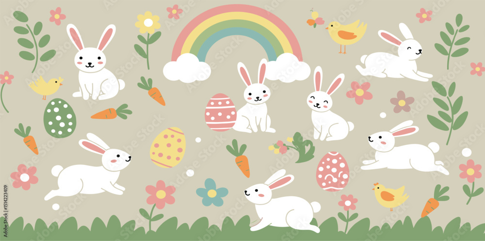 Fototapeta premium Happy Easter, decorated geometric style Easter cards, banners. Bunnies, Easter eggs, flowers and basket. Modern minimalist design