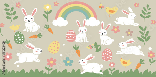 Happy Easter, decorated geometric style Easter cards, banners. Bunnies, Easter eggs, flowers and basket. Modern minimalist design