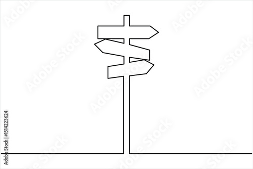 Continuous one line art drawing of road direction signboard design outline vector illustration