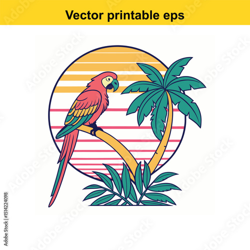 Retro Sunset Parrot Tropical Illustration:  A vibrant parrot perched on a palm tree against a stylized sunset.