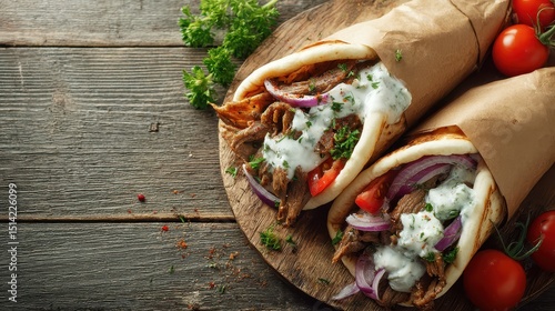 Freshly prepared beef gyros wraps with vegetables and creamy sauce on rustic wooden table