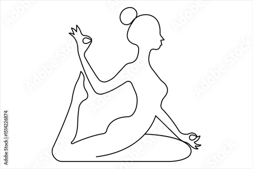One continuous line art drawing of doing exercise in yoga pose outline vector illustration