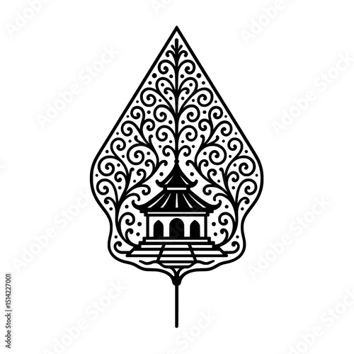 Gunungan Wayang Kulit with Temple and Tree of Life Motif