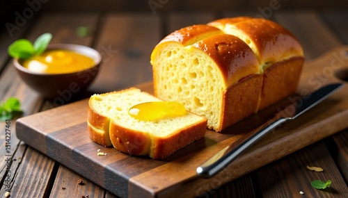 Brioche bread on wooden tray with knife and marmalade, slices neatly cut, brioche, fruit, breakfast