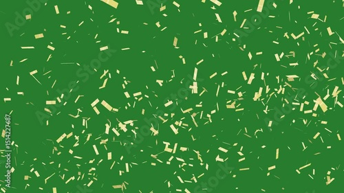 Gold confetti against green screen. Falling metallic paper with chroma key background.