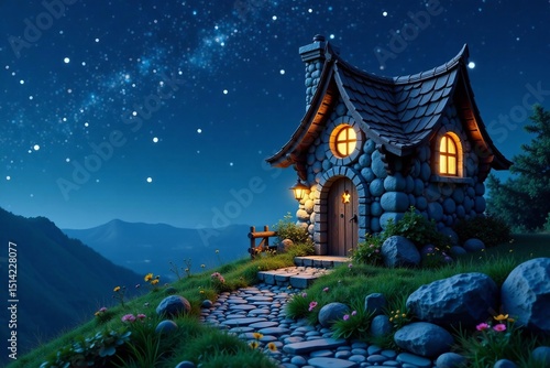 Nestled fairy stone house on rooftop surrounded by starry night, moon, forest, stone