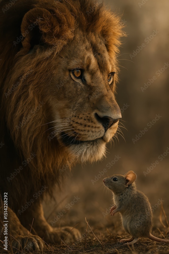 Obraz premium Lion Mouse Gazing Intently Curiosity Fable Opposites Strength Weakness Concept