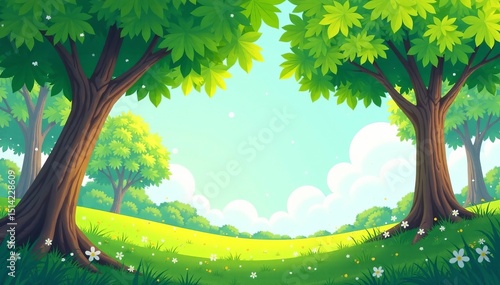 Whimsical illustration of trees swaying gently in the breeze with sunlight filtering through leaves , Whimsical, Nature, Sunlight