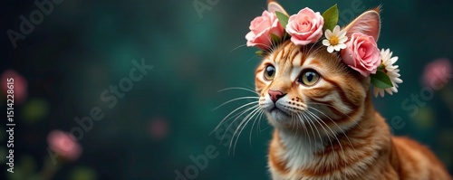Whiskered feline with floral wreath headpiece, cat portrait floral wreath, flower crown, pet