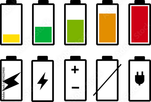 Battery icons set. Battery Charging Icon symbol, Set of 5 outline icons  battery, charger, Battery indicator symbols,Isolated on white background
