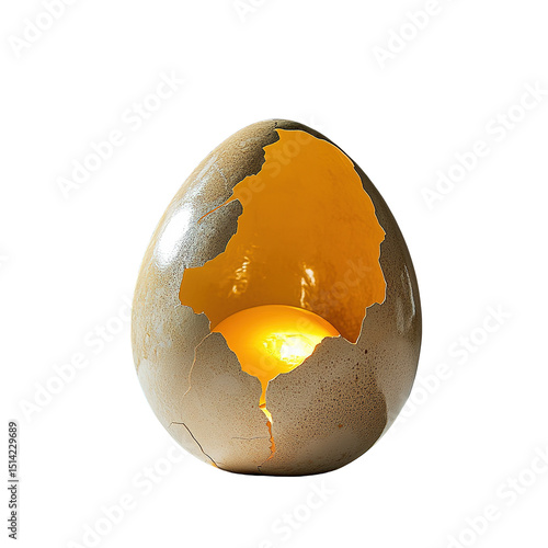 Cracked egg-shaped lamp with inner light isolated on transparent background.