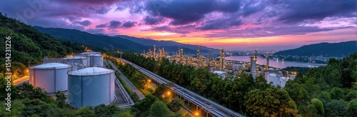 A panoramic view of an industrial petrochemical oil processing plant at dusk, with visible tanks and towers.