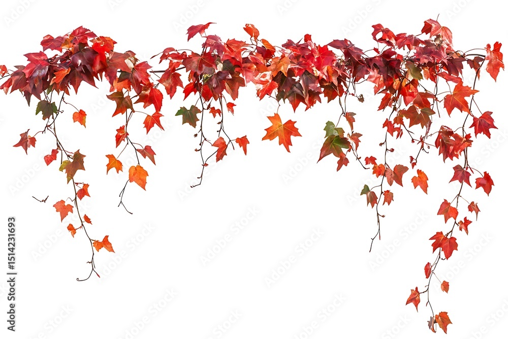 Fototapeta premium A vibrant display of red and orange autumn leaves cascading down against a white background space above background texture video