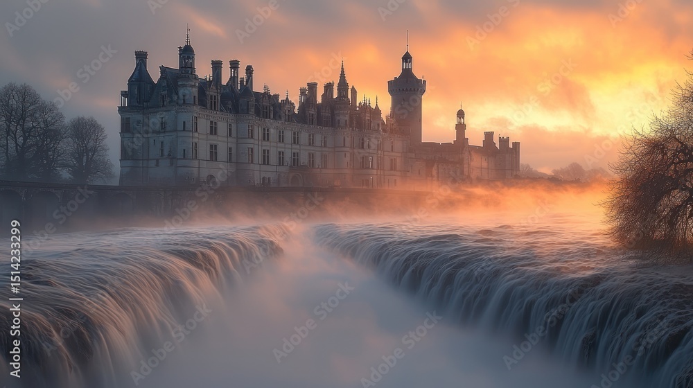 Obraz premium Majestic castle bathed in golden sunrise over frozen waterfall