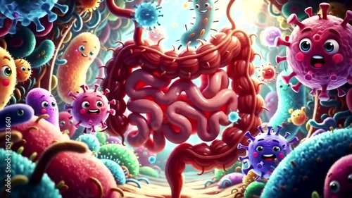 Gut Microbiome Animated Bacteria and Intestines Close Up