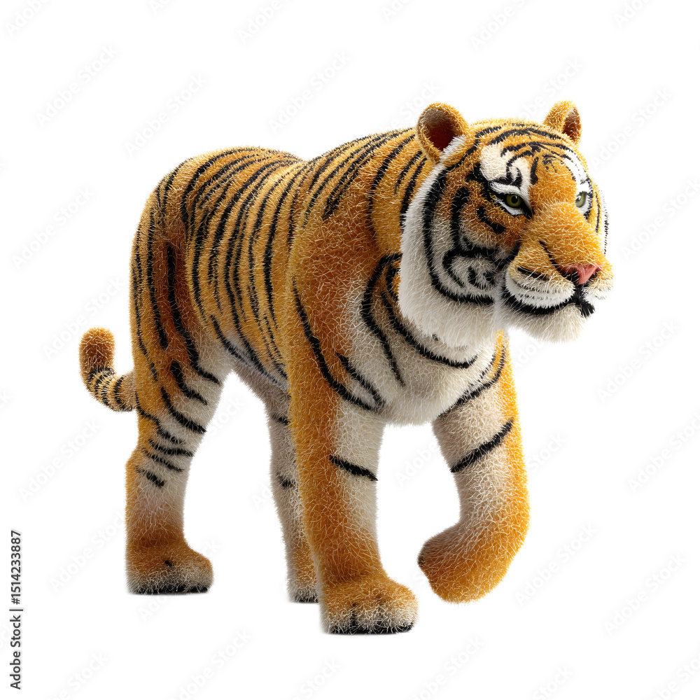 Obraz premium A highly of a powerful standing tiger with vibrant stripes and a fierce expression rendered in a textured felt like material