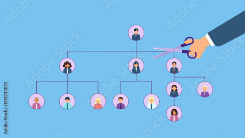 Vector illustration of businessman cutting jobs by hand from the organizational chart divisions that are not perform. Downsizing and layoff, contract terminations,  corporate restructuring.