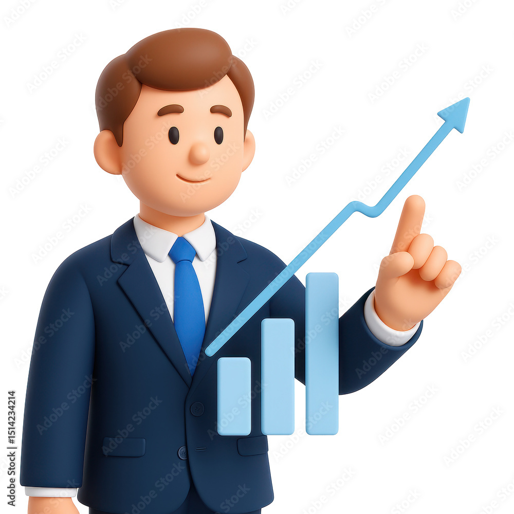 A man in a suit is pointing to a graph with a blue arrow. The graph shows a positive trend, and the man is smiling, indicating that the situation is good A man in a suit is pointing to a graph with a blue arrow. The graph shows a positive trend, and the man is smiling, indicating that the situation is good