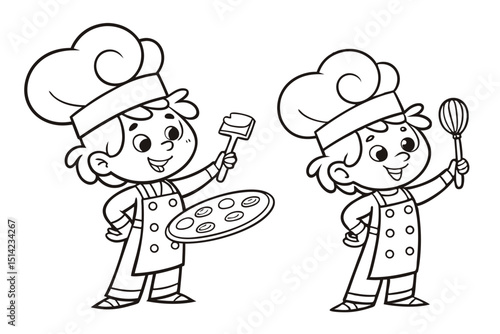 kids coloring page, chefs, cartoonish, friendly, thick outlines, no color