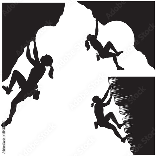 silhouettes of adventurous male and female rock climbers scaling cliffs and mountains representing extreme sports outdoor adventure and teamwork in challenging nature environments