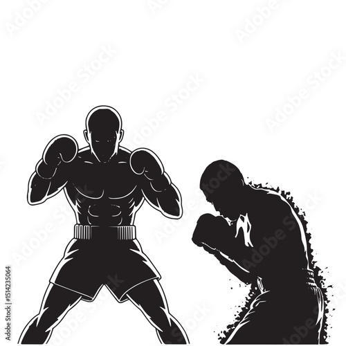 silhouettes of muscular male boxers in fighting stance and defensive pose