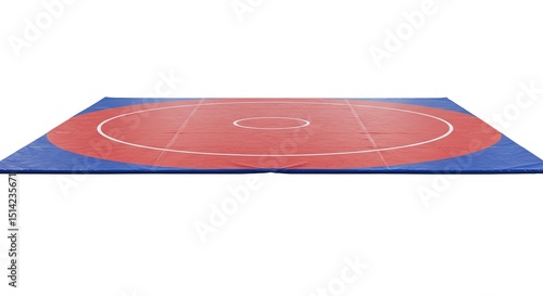 Wrestling mat with red center circle on blue surface