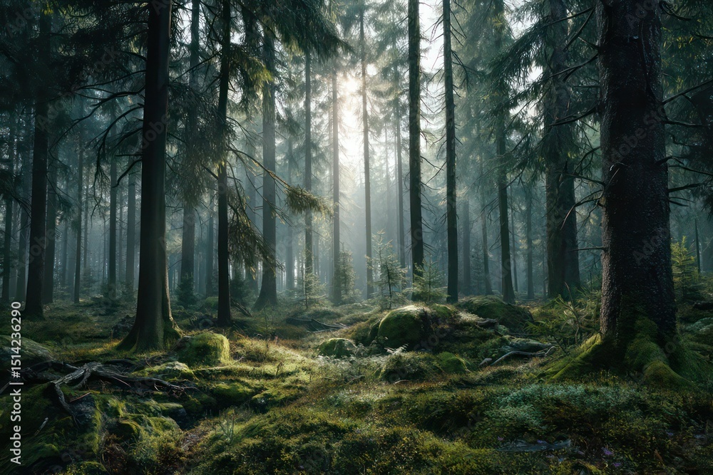 Fototapeta premium Sunlit Forest: Atmospheric Scene of Tall Trees and Mossy Ground