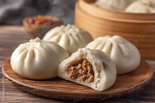 Wallpaper Mural Steaming Meat-Filled Bao Buns on Wooden Plate Torontodigital.ca