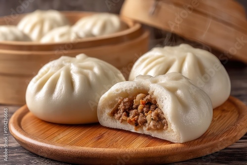 Steaming hot pork bao buns on a wooden plate with bamboo steamer in background