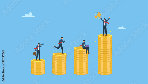 Businessman or employee on growing money coins as salary or wages payment. Employee income or career development, salary or wages, job performance pay, motivation to career growth.