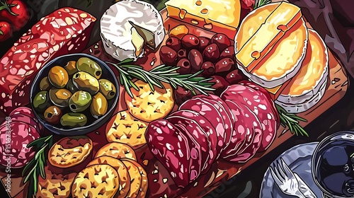 Gourmet charcuterie board filled with an assortment of cheeses cured meats olives and artisanal crackers