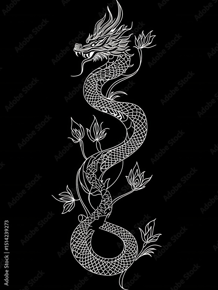 Obraz premium Elegant White Dragon with Lotus Flowers on Black