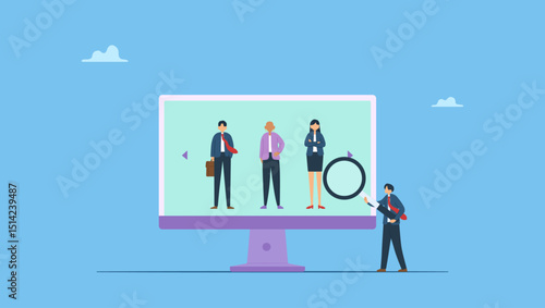Businessman analyzing employee or job candidates. Analyze candidate, employee performance review, evaluation or analysis, choose recruitment applicants, staff or finding right person for job.