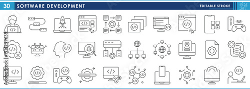 A set of line icons related to Software Development. Program, install, develop, mobile, computer, operating system, coding, and so on. Vector editable stroke.