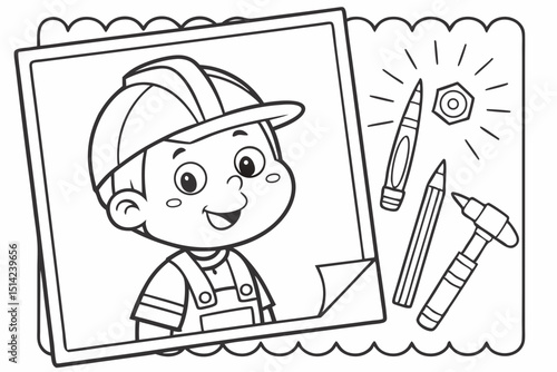 kids coloring page, construction worker, cartoonish, friendly, thick outlines, no color