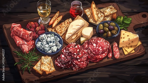 Gourmet charcuterie board with an assortment of cured meats cheeses olives and crackers elegantly arranged on a dark wooden board