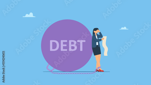 A character with overdue bill payment chained with debt burden. Debt or NPL problem, loan or lending crisis, overspending mistake causing debt burden, recession or bankruptcy, credit default.