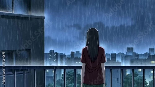 Standing on Balcony Watching Rain in Urban City Background