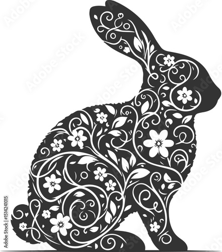 Floral style with a easter bunny animal vector silhouette