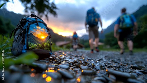 Hikers Walking Away with Backpack Landscape Reflection Outdoor Lifestyle