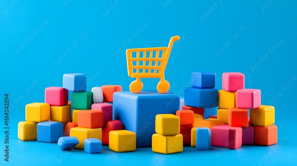 Obraz premium A yellow shopping cart sits atop a blue cube amidst a colorful pile of blocks against a bright blue background, symbolizing online retail and product variety