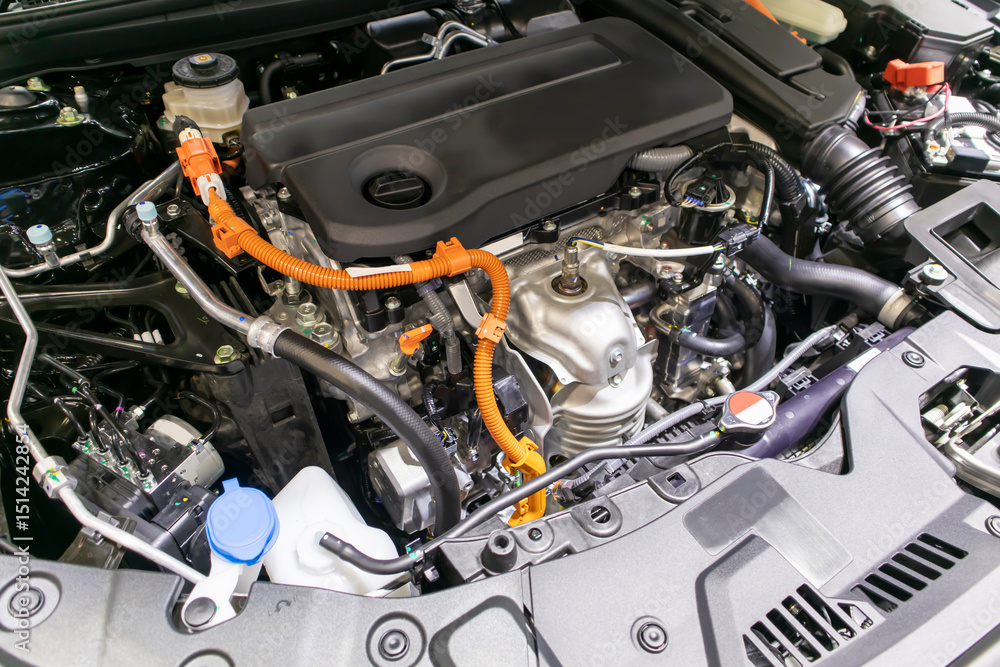 focused on the automotive industry within the contemporary new automobile engine room, machine displays all components and has an open hood. the new car's engine compartment. focused on the automotive industry within the contemporary new automobile engine room, machine displays all components and has an open hood. the new car's engine compartment.