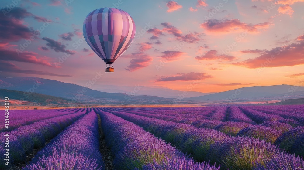 Fototapeta premium Colorful hot air balloon over a vast lavender field at sunrise.