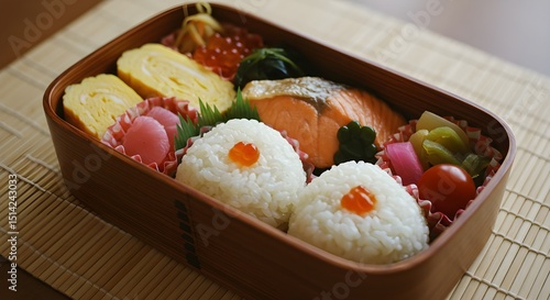 A Traditional Japanese Bento Box Filled with Rice Balls and Salmon