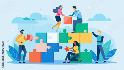 People building puzzle together in a collaborative way